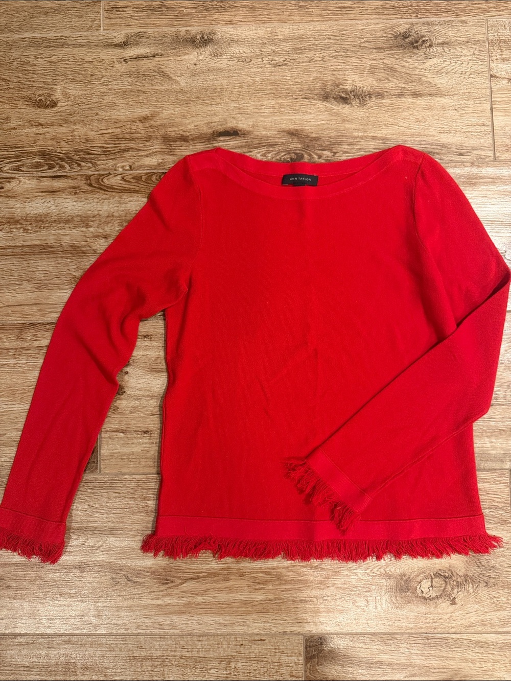 Ann Taylor Bright Red Fringe-Trim Long Sleeve Top